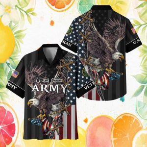 US Army Veteran Bald Eagle American Flag Lace Up Design Hawaiian Shirt