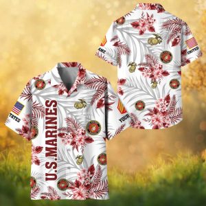 US Marine Corps Floral Tropical White Hawaiian Shirt with USMC Insignia.jfif