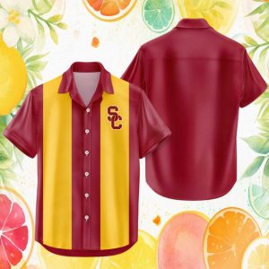 USC Trojans NCAA Cardinal Gold Vertical Striped Button Down Hawaiian Shirt