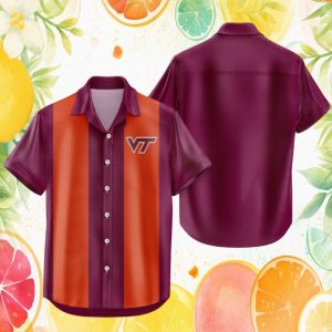Virginia Tech Hokies NCAA Maroon Orange Striped Bowling Hawaiian Shirt