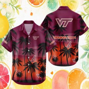Virginia Tech Hokies Sunset Palm Tree Maroon Hawaiian Shirt