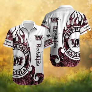 Washington Commanders Custom Name Flame Graphic White & Maroon Hawaiian Shirt