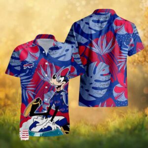 Buffalo Bills Disney Goofy Surfing Hawaiian Shirt Tropical Floral Blue & Red Button Up