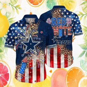 Dallas Cowboys NFL 4th of July Red White Blue Fireworks Leopard Hawaiian Shirt Dallas Cowboys NFL 4th of July Red White Blue Fireworks Leopard Hawaiian Shirt
