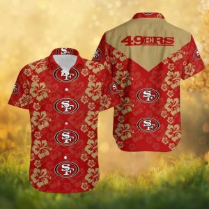 San Francisco 49ers Red Hibiscus All Over Print Hawaiian Shirt with Gold Yoke