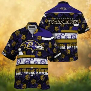 Baltimore Ravens NFL Custom Name Hibiscus Floral Gold Stripe Hawaiian Shirt