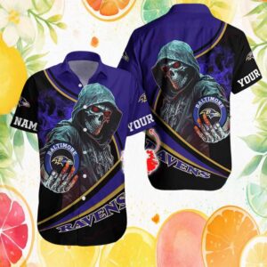 Baltimore Ravens NFL Custom Name Hooded Skull Graphic Hawaiian Shirt Baltimore Ravens NFL Custom Name Hooded Skull Graphic Hawaiian Shirt