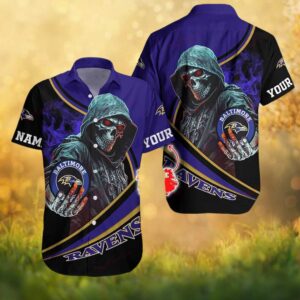 Baltimore Ravens NFL Custom Name Hooded Skull Graphic Hawaiian Shirt