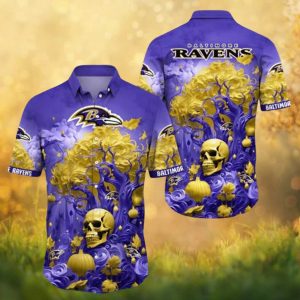 Baltimore Ravens NFL Purple Gothic Skull Floral Hawaiian Shirt Baltimore Ravens NFL Purple Gothic Skull Floral Hawaiian Shirt