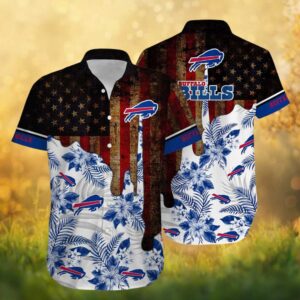 Buffalo Bills Vintage USA Flag & Blue Hibiscus Tropical Hawaiian Shirt Retro NFL Summer Wear