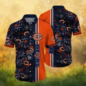 Chicago Bears 3D Floral Pattern Navy And Orange Hawaiian Shirt