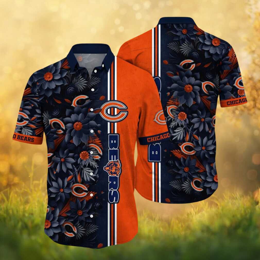 Chicago Bears 3D Floral Pattern Navy And Orange Hawaiian Shirt Chicago Bears 3D Floral Pattern Navy And Orange Hawaiian Shirt