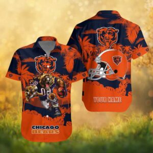 Chicago Bears Aggressive Bear Mascot Orange Tropical Personalized Hawaiian Shirt