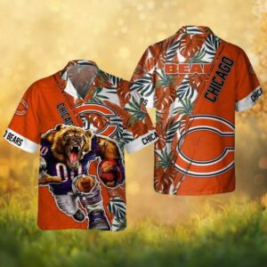 Chicago Bears Angry Bear Mascot Leaf Pattern Graphic Hawaiian Shirt