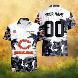 Chicago Bears Custom Name & Number Hibiscus Palm Tree Hawaiian Shirt Chicago Bears Custom Name & Number Hibiscus Palm Tree Hawaiian Shirt