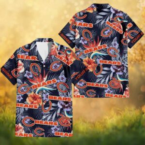 Chicago Bears Custom Name Tropical Hibiscus Bloom Navy Hawaiian Shirt