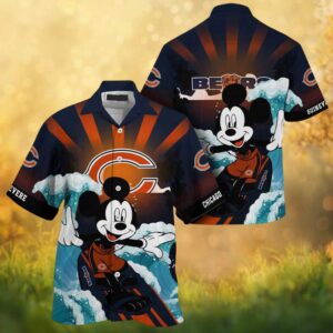 Chicago Bears Mickey Mouse Surfing Navy & Orange NFL Hawaiian Shirt