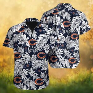 Chicago Bears Navy Tropical Hawaiian Shirt White Hibiscus & Palm Leaf Pattern