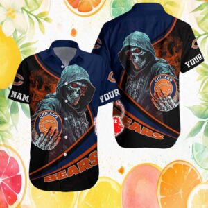 Chicago Bears Reaper Horror Skull Custom Name Navy Hawaiian Shirt