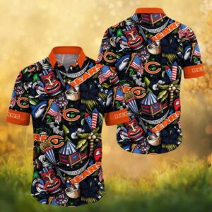 Chicago Bears Summer Tiki Party Hawaiian Shirt Vibrant Island Mask & Shark Design