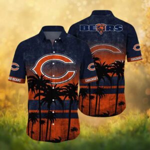 Chicago Bears Sunset Palm Tree Navy & Orange Hawaiian Shirt