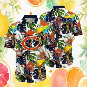 Chicago Bears Tropical Parrot and Hibiscus Floral Hawaiian Shirt