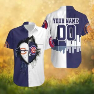 Chicago Bears x Chicago Cubs Half and Half Personalized City Skyline Hawaiian Shirt Chicago Bears x Chicago Cubs Half and Half Personalized City Skyline Hawaiian Shirt