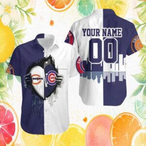 Chicago Bears x Chicago Cubs Half and Half Personalized City Skyline Hawaiian Shirt