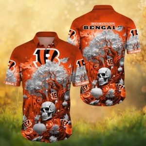 Cincinnati Bengals Halloween Skull and Pumpkin Floral Orange Hawaiian Shirt Cincinnati Bengals Halloween Skull and Pumpkin Floral Orange Hawaiian Shirt