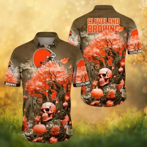 Cleveland Browns Halloween Skull and Pumpkin Spooky Floral Hawaiian Shirt Cleveland Browns Halloween Skull and Pumpkin Spooky Floral Hawaiian Shirt