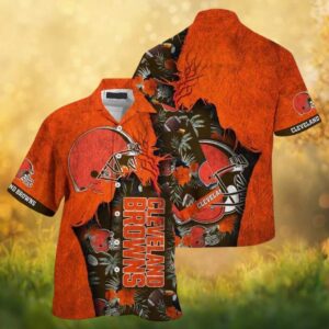 Cleveland Browns Helmet Distressed Texture Orange Hawaiian Shirt