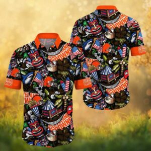 Cleveland Browns NFL Festive Tiki Hut and Fireworks Hawaiian Shirt