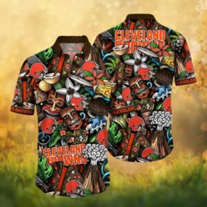 Cleveland Browns NFL Tiki Totem Doodle Art Hawaiian Shirt