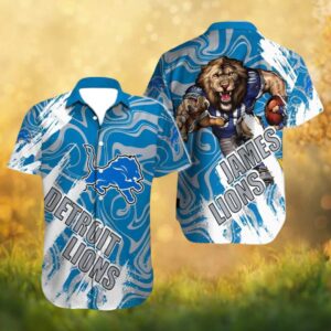Custom James Detroit Lions Aggressive Mascot Blue Marble Hawaiian Shirt Custom James Detroit Lions Aggressive Mascot Blue Marble Hawaiian Shirt