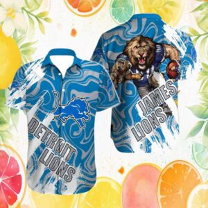 Custom James Detroit Lions Aggressive Mascot Blue Marble Hawaiian Shirt