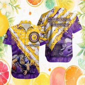 Custom Minnesota Vikings Name Hawaiian Shirt Nordic Warrior Action Graphic Purple & Gold Custom Minnesota Vikings Name Hawaiian Shirt Nordic Warrior Action Graphic Purple & Gold
