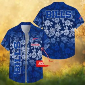 Custom Name Buffalo Bills Navy Blue Hibiscus & Fern Print Hawaiian Shirt