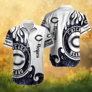 Custom Name Chicago Bears White & Navy Tribal Flame Graphic Hawaiian Shirt