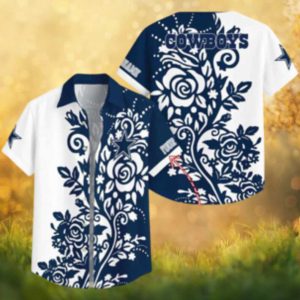 Custom Name Dallas Cowboys Floral Rose Navy & White Hawaiian Shirt Personalized NFL Gift