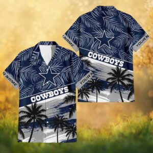 Custom Name Dallas Cowboys Navy Sunset Palm Tree Hawaiian Shirt