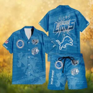 Custom Name Detroit Lions Grunge Player Hawaiian Shirt and Shorts Set