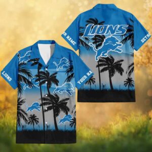 Custom Name Detroit Lions Palm Tree Sunset Blue Tropical Hawaiian Shirt