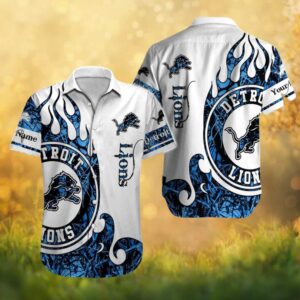 Custom Name Detroit Lions White & Blue Tribal Flame Graphic Hawaiian Shirt