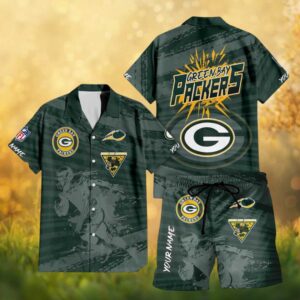 Custom Name Green Bay Packers Grunge Player Hawaiian Shirt and Shorts Set