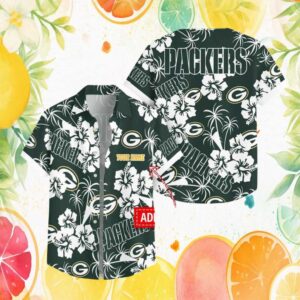 Custom Name Green Bay Packers Hibiscus Floral Hawaiian Shirt Custom Name Green Bay Packers Hibiscus Floral Hawaiian Shirt