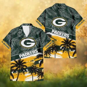 Custom Name Green Bay Packers Sunset Beach Palm Tree Hawaiian Shirt