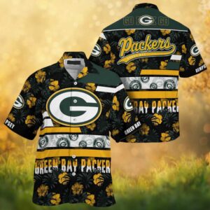 Custom Name Green Bay Packers Tropical Flower Button Down Hawaiian Shirt Custom Name Green Bay Packers Tropical Flower Button Down Hawaiian Shirt