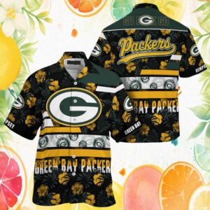 Custom Name Green Bay Packers Tropical Flower Button Down Hawaiian Shirt
