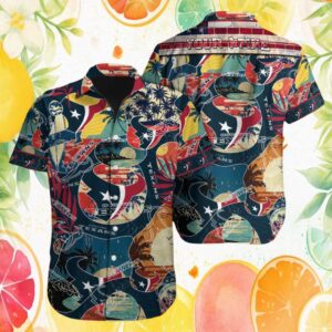 Custom Name Houston Texans Retro Collage Pattern Hawaiian Shirt