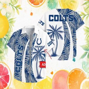 Custom Name Indianapolis Colts NFL Blue Palm Leaves Summer Beach Hawaiian Shirt